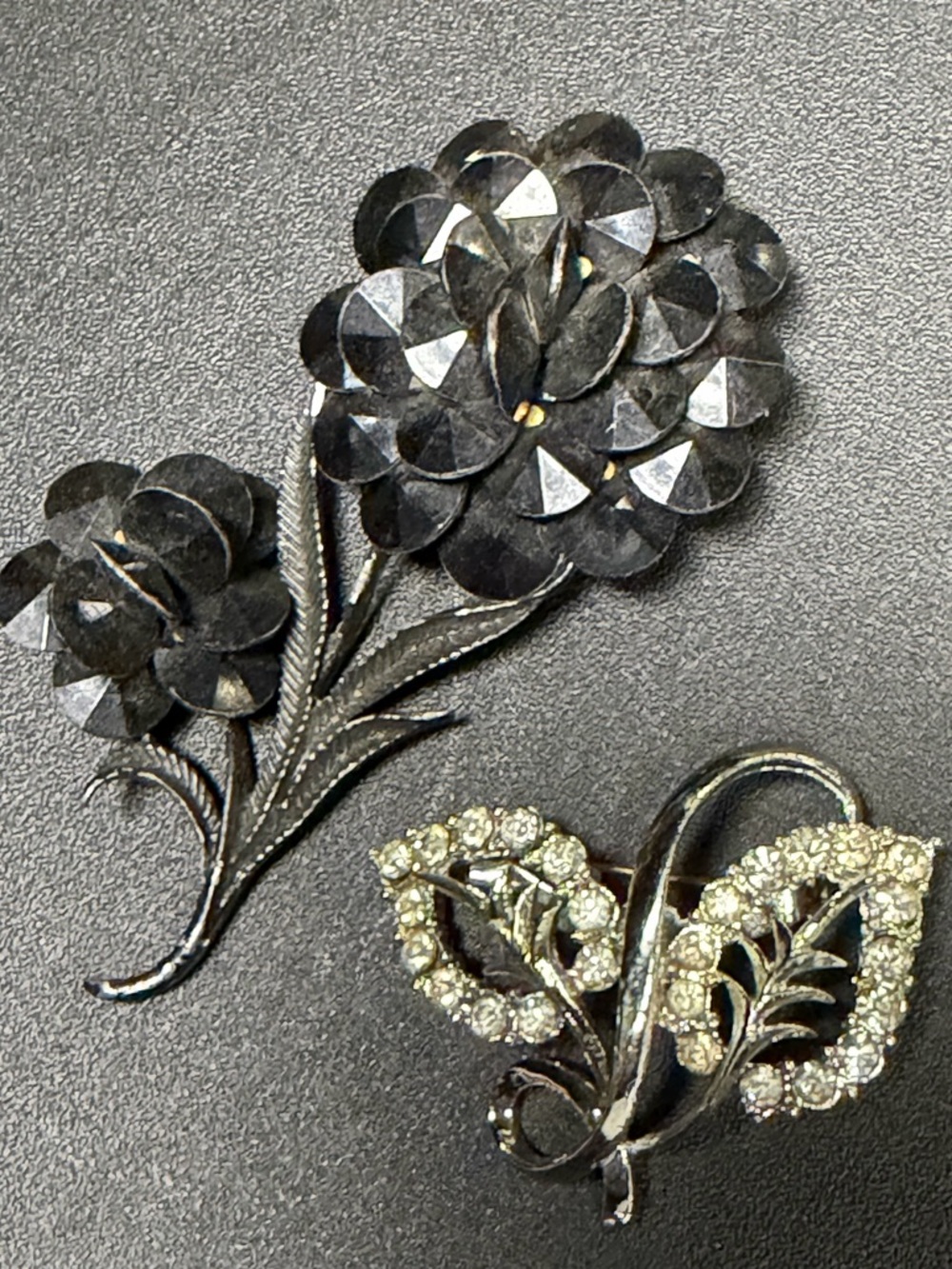 Vintage Black Floral and Rhinestone Leaf  brooches